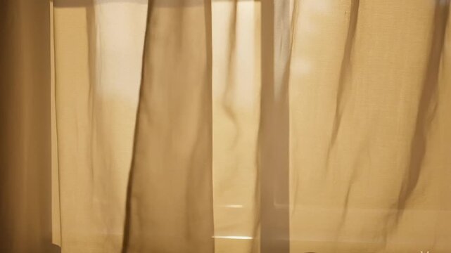 Breeze moving curtains banner with soft sunlight and calm interior background