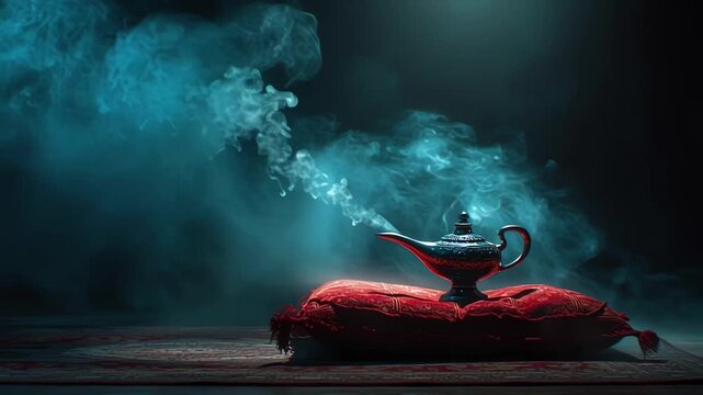 Ancient Genie Lamp Releasing Mystical Blue Smoke