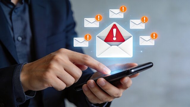 Businessman touching smartphone screen with digital email icons hologram alert notification spam warning cybersecurity concept urgent message technology interface communication
