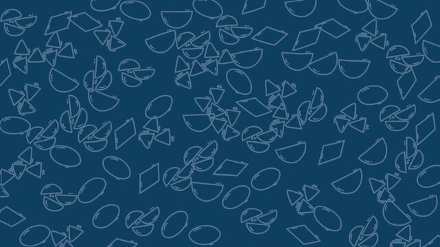 Scattered white geometric shapes on a dark blue background. Ideal for modern graphic designs, abstract backgrounds, patterned prints, and digital artwork.