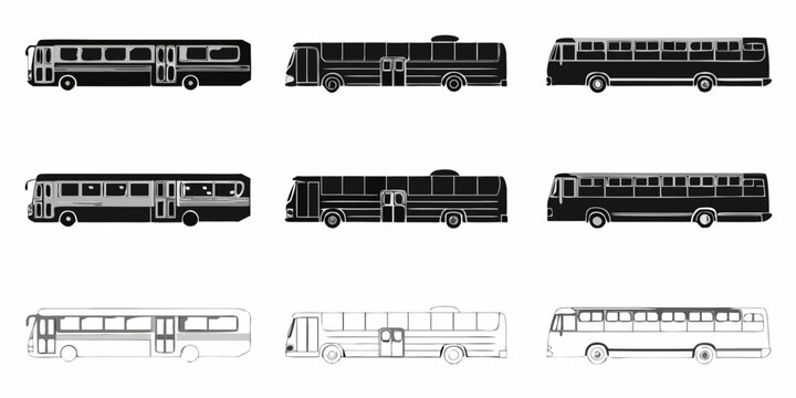Collection of black and white bus silhouettes in various styles