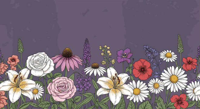 Colorful hand drawn summer flowers forming a horizontal border along the bottom edge on a textured purple background.