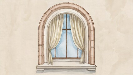 Obraz premium Arched window with curtains