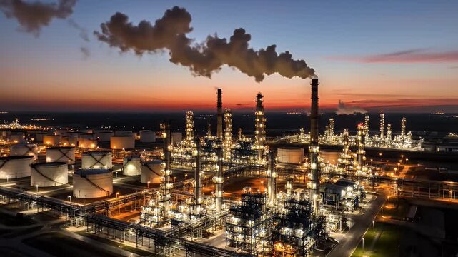 Oil Refinery Aerial View at Sunset - An aerial view shows a large oil refinery with numerous storage tanks and processing units, illuminated at night.