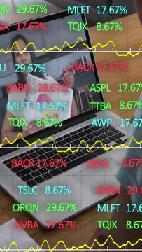 Vertical video: Host pointing page, stocks over laptop, yellow line settling, viewer learning