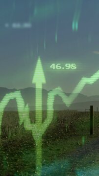 Vertical video: Neon graph peaking construction worker inspecting plans while graph overlaying him