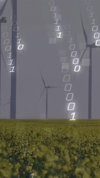 Vertical video: Binary overlay appearing turbines rotating over yellow crop showing power data