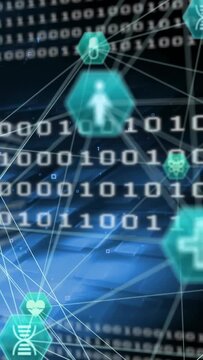 Vertical video: Binary digits scrolling, teal nodes drifting, pulsing, showing DNA cross for health