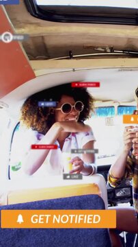Vertical video: Woman dipping wand making bubbles while GET NOTIFIED banner appearing for marketing