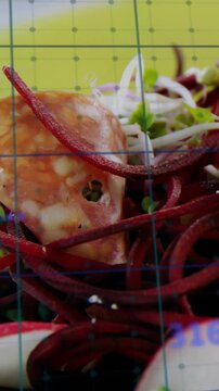 Vertical video: Camera panning salad on yellow grid, showing beet, meat, grid overlay for marketing