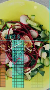 Vertical video: Teal overlay emerging over salad bowl, driving chart bars rising, showing nutrition