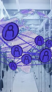 Vertical video: Rack telemetry starting globe overlay in DC aisle growing avatars mapping network