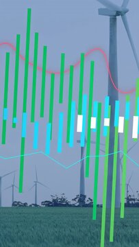 Vertical video: Green bars appearing sweeping right growing over tall turbine showing power output