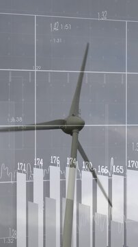 Vertical video: Data overlay appearing turbine blades rotating while charts pulsing showing power
