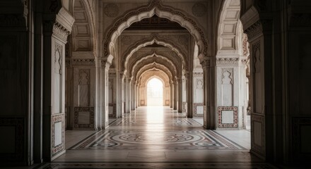 Obraz premium Intriguing architectural hallway a view through gothic arches towards bright light