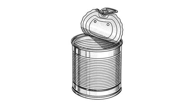 Detailed black and white stipple engraving of an empty open metal tin can with its lid peeled back showing internal ridges and texture.
