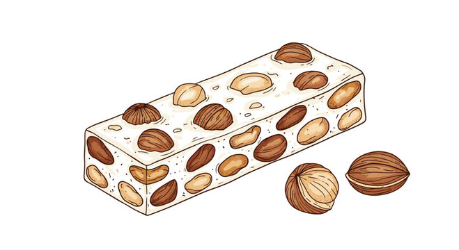 Delicious rectangular white nougat candy bar filled with whole brown roasted hazelnuts and almonds displayed on a plain white background.