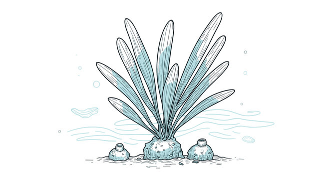 Stylized underwater scene showing long seagrass leaves growing from the sandy bottom alongside small rocky outcrops or sea sponges in blue tones.