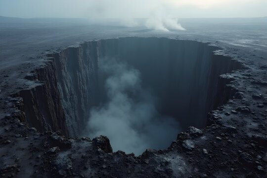 Land subsidence deep crater with steam rising from collapsed earth surface