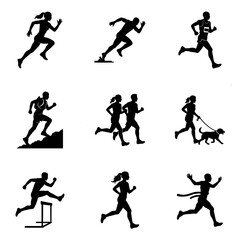 Collection of black silhouettes depicting various running activities and sports, including sprinting, jogging, hurdling, and trail running. © Zangkaru