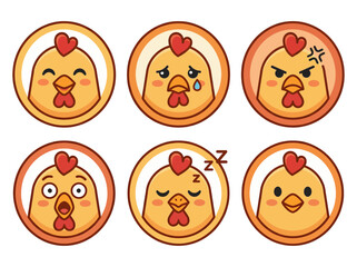 Naklejka premium Set of six circular chicken emoji icons depicting various emotions, including happiness, sadness, anger, surprise, and sleepiness, presented in a flat 2D graphic style