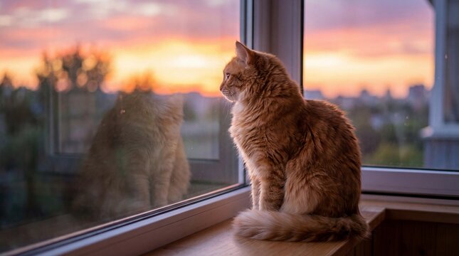 gato laranja sentado olhando pela janela conceito de tranquilidade curiosidade e vida domestica