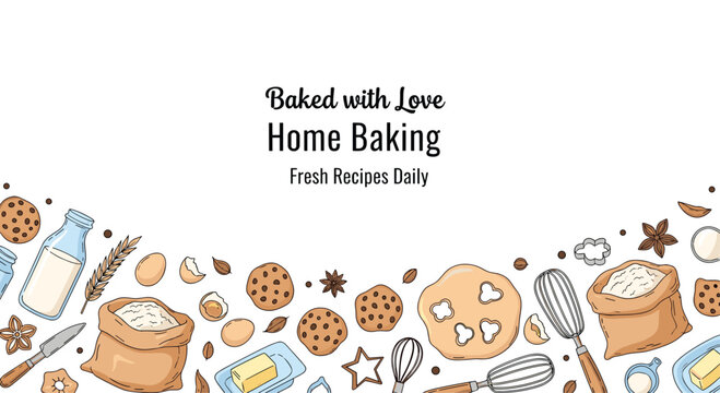 Long horizontal banner featuring hand-drawn baking ingredients and tools like flour, eggs, milk, cookies, whisk, and dough with a logo.