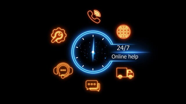 24/7 online help sign glowing neon icons on a technology background. 4k video animation stock