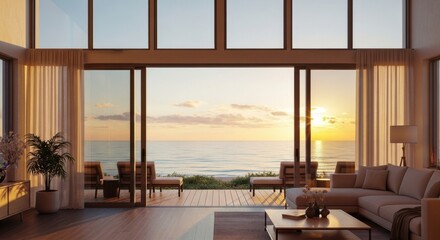Fototapeta premium Serene coastal living room with panoramic ocean view at sunset