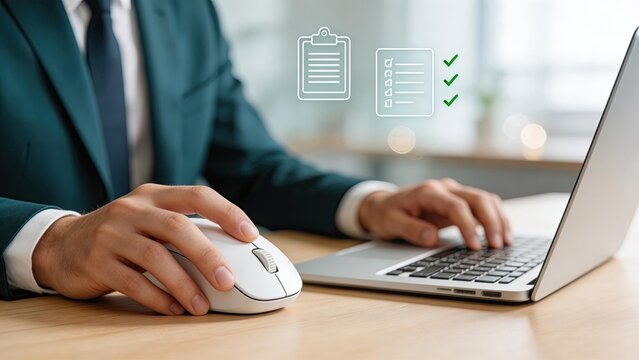 Businessman using laptop computer with digital checklist icons online form submission remote work data entry corporate office job professional male employee typing keyboard modern