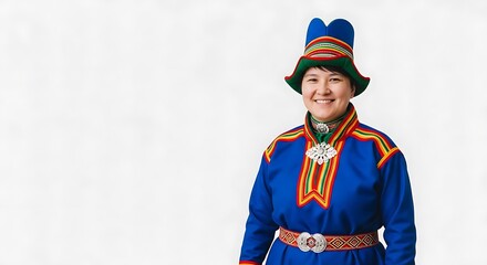 Obraz premium Portrait of a woman smiling, wearing traditional clothing with a colorful hat and a patterned belt
