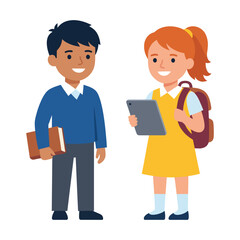 Fototapeta premium Boy holding book and girl with tablet and backpack smiling children kids school