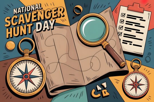 National Scavenger Hunt Day concept with vintage map, compass, magnifying glass, and checklist