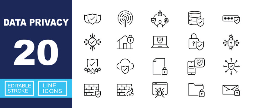 Advanced Data Privacy and Network Security Infrastructure. Includes Network Firewall, Secure Database Storage, Encrypted Message, Cloud Shield Protection, Smart Home Security. Editable stroke