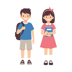 Fototapeta premium Boy with backpack and girl holding book standing on background child children