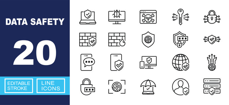 Data Privacy icon set. Includes secure database, cloud protection, network firewall, biometric verification, encrypted email, smart home security. Editable stroke line icons.