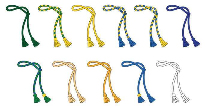 Colorful belt system set, representing martial art grades, Brazilian culture, sport equipment, and clothing, including Batizado ceremony elements