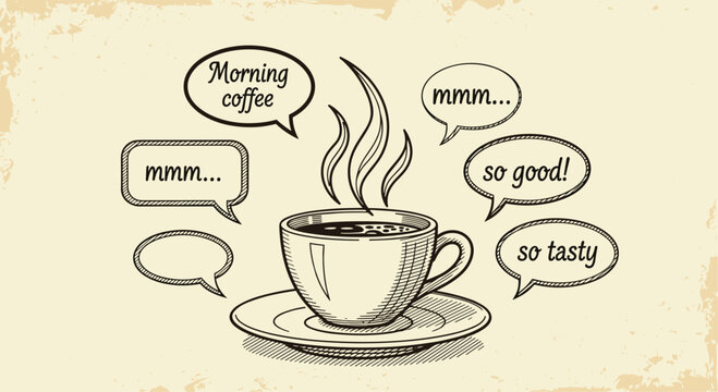 Rustic vintage sketch of a steaming cup of coffee surrounded by various positive speech bubbles about its great taste.