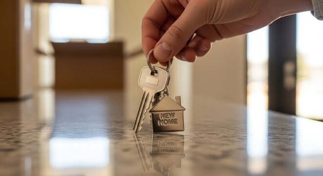 Hand holding house keys with a small house charm on a marble countertop.