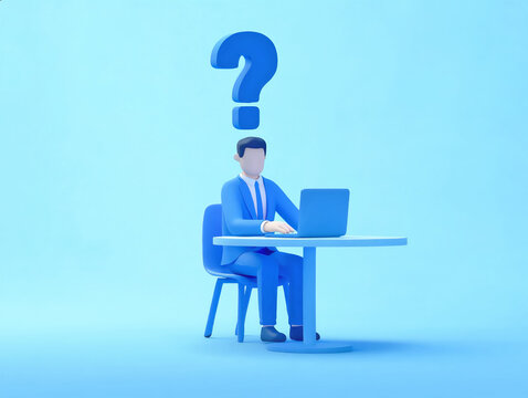 パソコンの前で悩むクエスチョンマークが浮いたビジネスマン3Dイラスト	