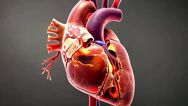 Detailed 3D animation of a human heart beating and circulating blood, with highlighted internal structures and vibrant arteries, medical video footage.