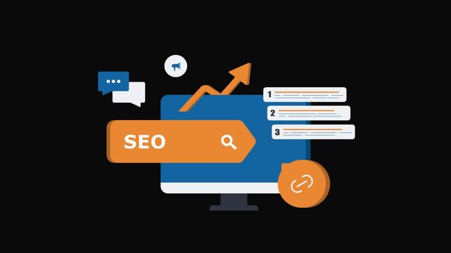SEO search engine optimization concept on computer screen with growth arrow, backlinks and content strategy elements. Digital marketing website ranking improvement animation. Seo motion graphic video