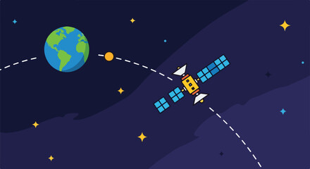 A cartoon-style illustration showing Earth, stars and a satellite in space © Barkun