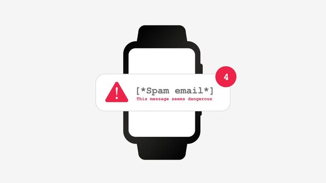 Cybersecurity alert on smartwatch showing dangerous spam email notification. Red counter badge with numbers indicates e-mail spam, multiple phishing threats on wearable device motion graphic