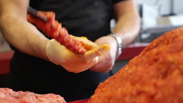 Making traditional meat mixture in a local kitchen