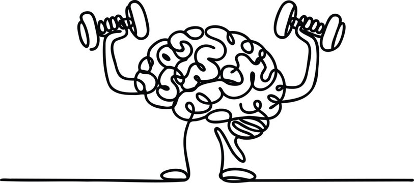 Brain lifting weights in a cartoon drawing style exercise routine