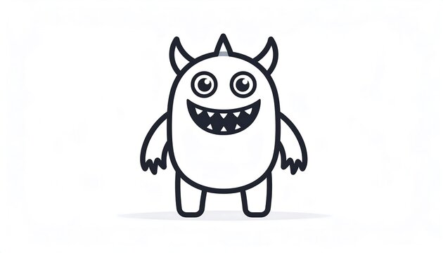 Playful monochrome illustration of a smiling, horned creature with large eyes, a jagged grin, and stubby arms and legs