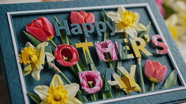 Colorful happy mothers day card with flowers and text on blue background 4k video