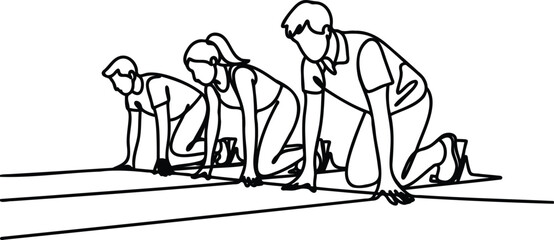 Obraz premium Three runners in starting positions on a track line drawing