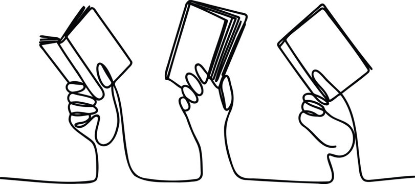 Three hands holding books in different positions from line art